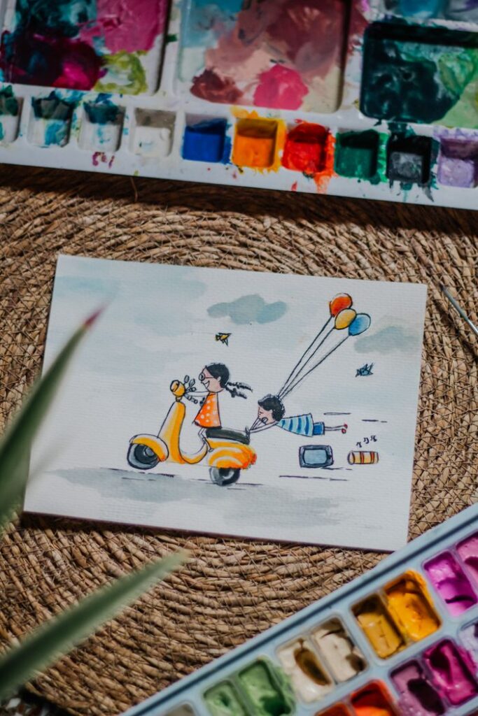 Charming illustrated children's art with vibrant watercolors and playful scene.