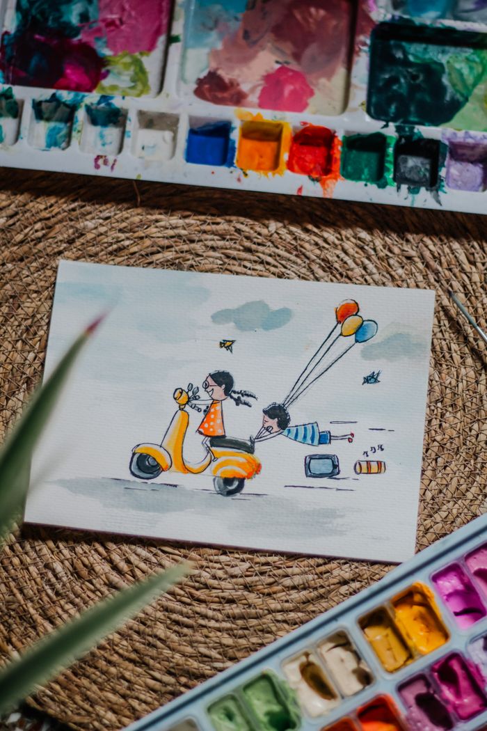 Charming illustrated children's art with vibrant watercolors and playful scene.